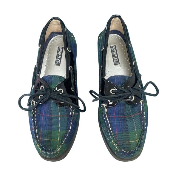 Sperry Tartan Plaid Canvas Patent Leather Trim Lace Up Boat Shoe Womens Size 6 - Picture 1 of 8